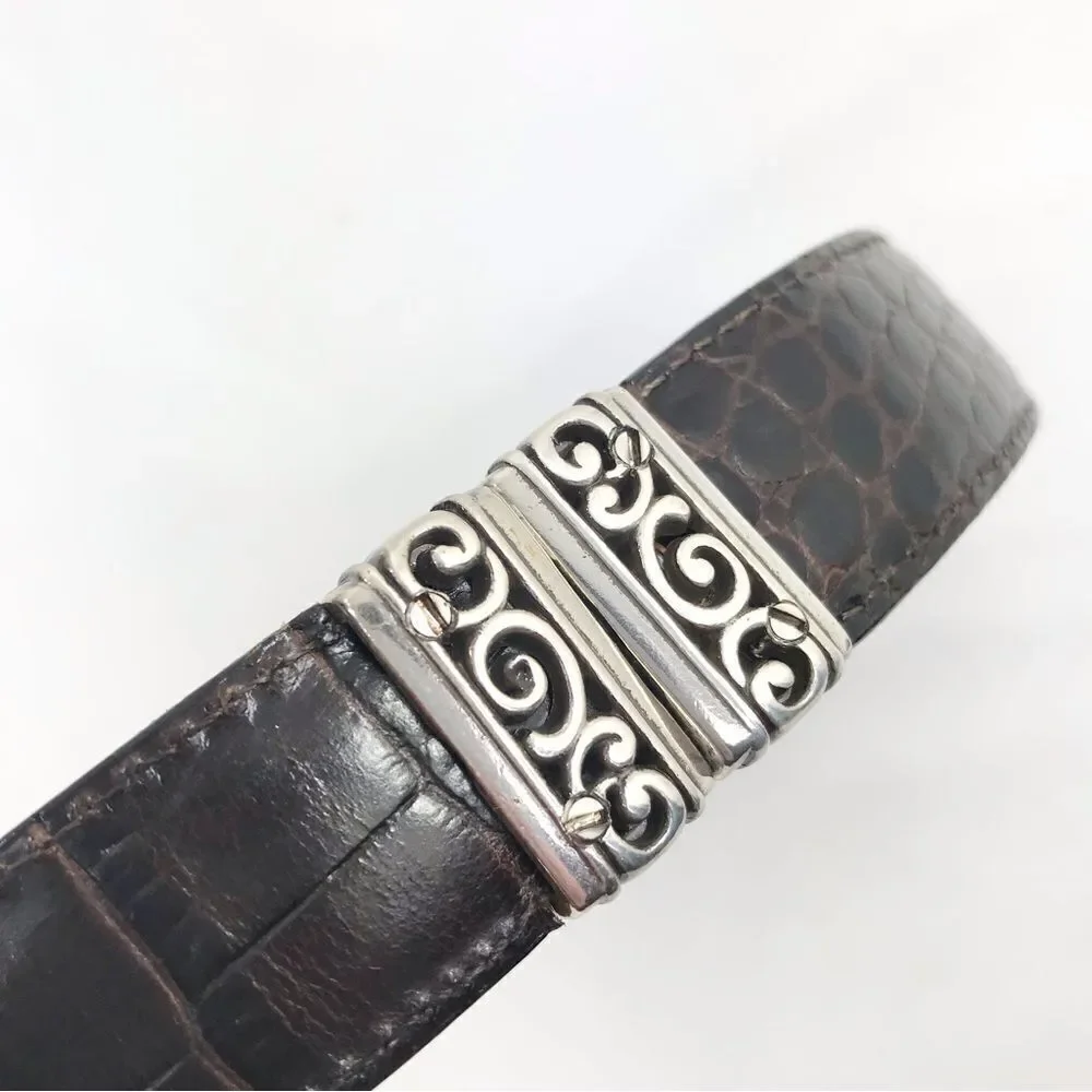 Brighton Black Brown Reptile Embossed Silver Scroll Hardware Reversible Belt